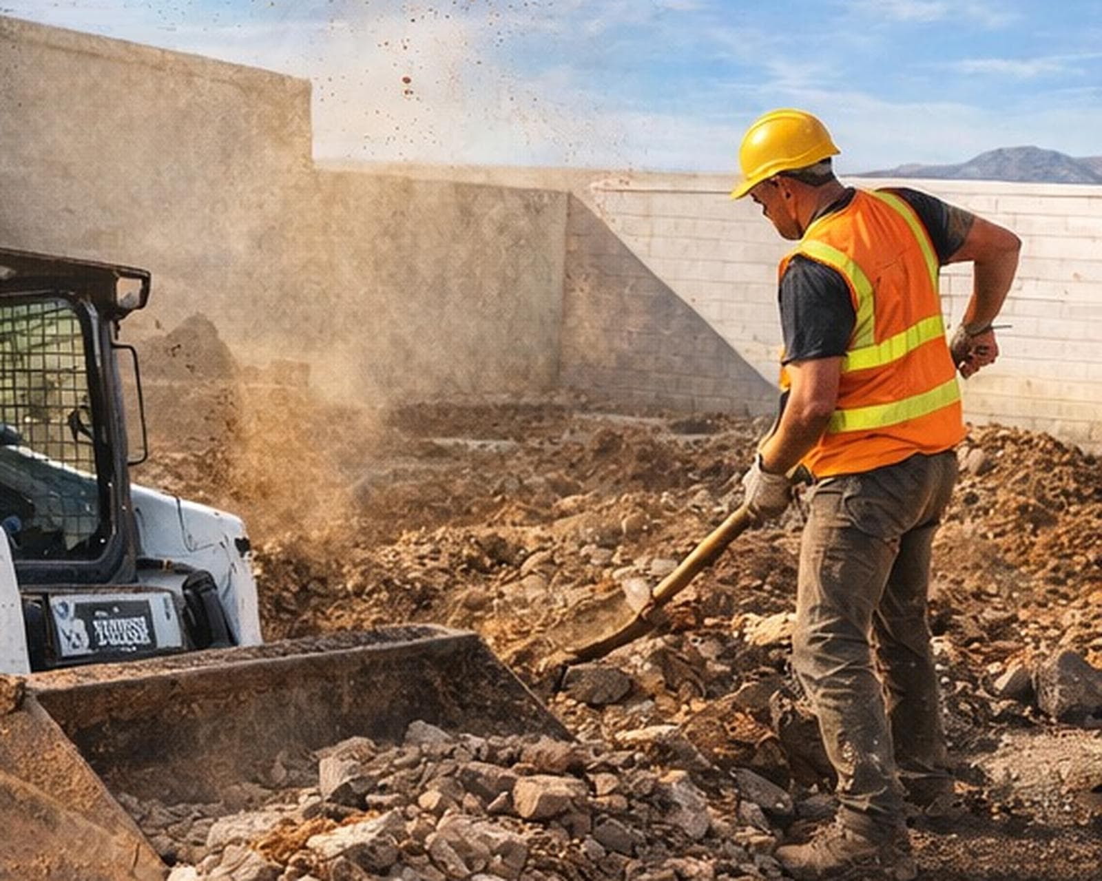 Bobcat e trabalhador na limpeza de um terreno com entulho.